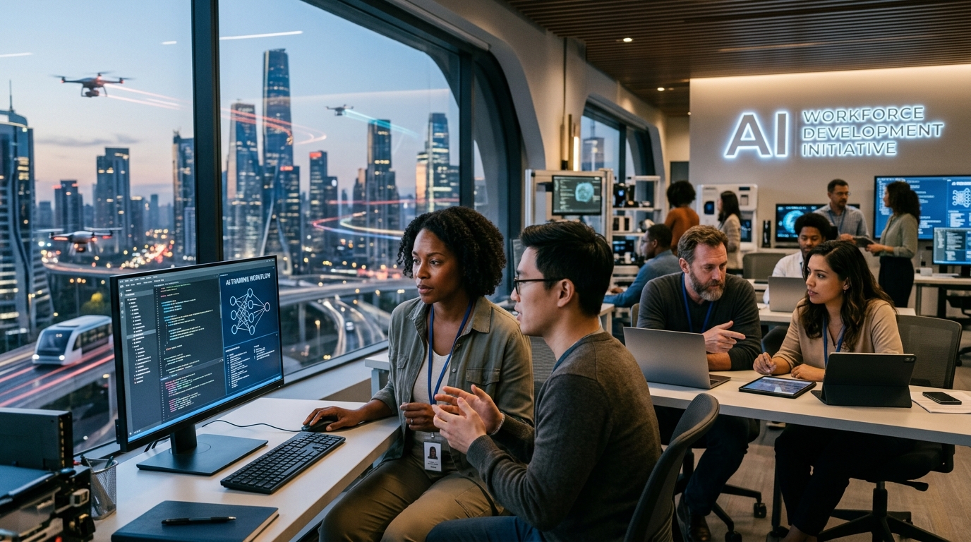 Professionals learning new AI reskilling tools in a modern office environment.