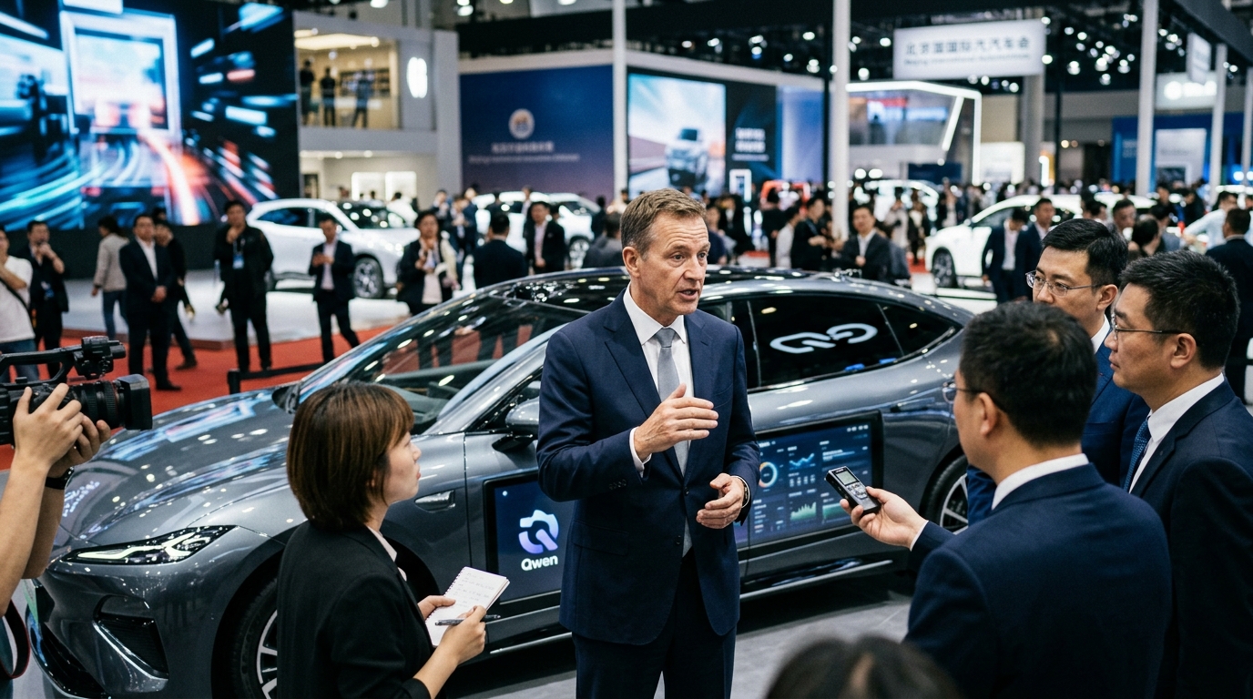 Alibaba Qwen AI demonstration in a smart vehicle at the Beijing Auto Show.