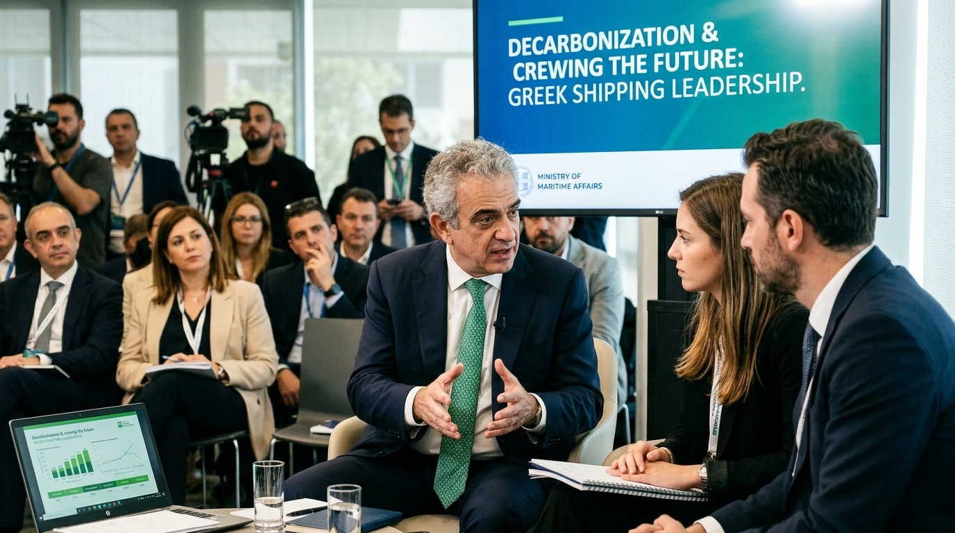 Greek seafarers on a high-tech ship bridge using artificial intelligence systems.