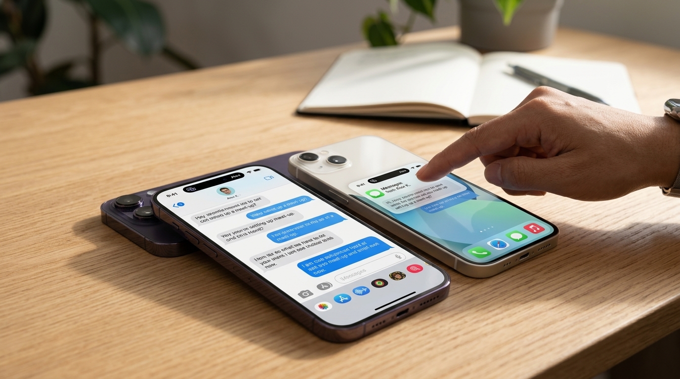 Two iPhone devices using the iPhone Handoff feature for single number sharing in iOS 27.