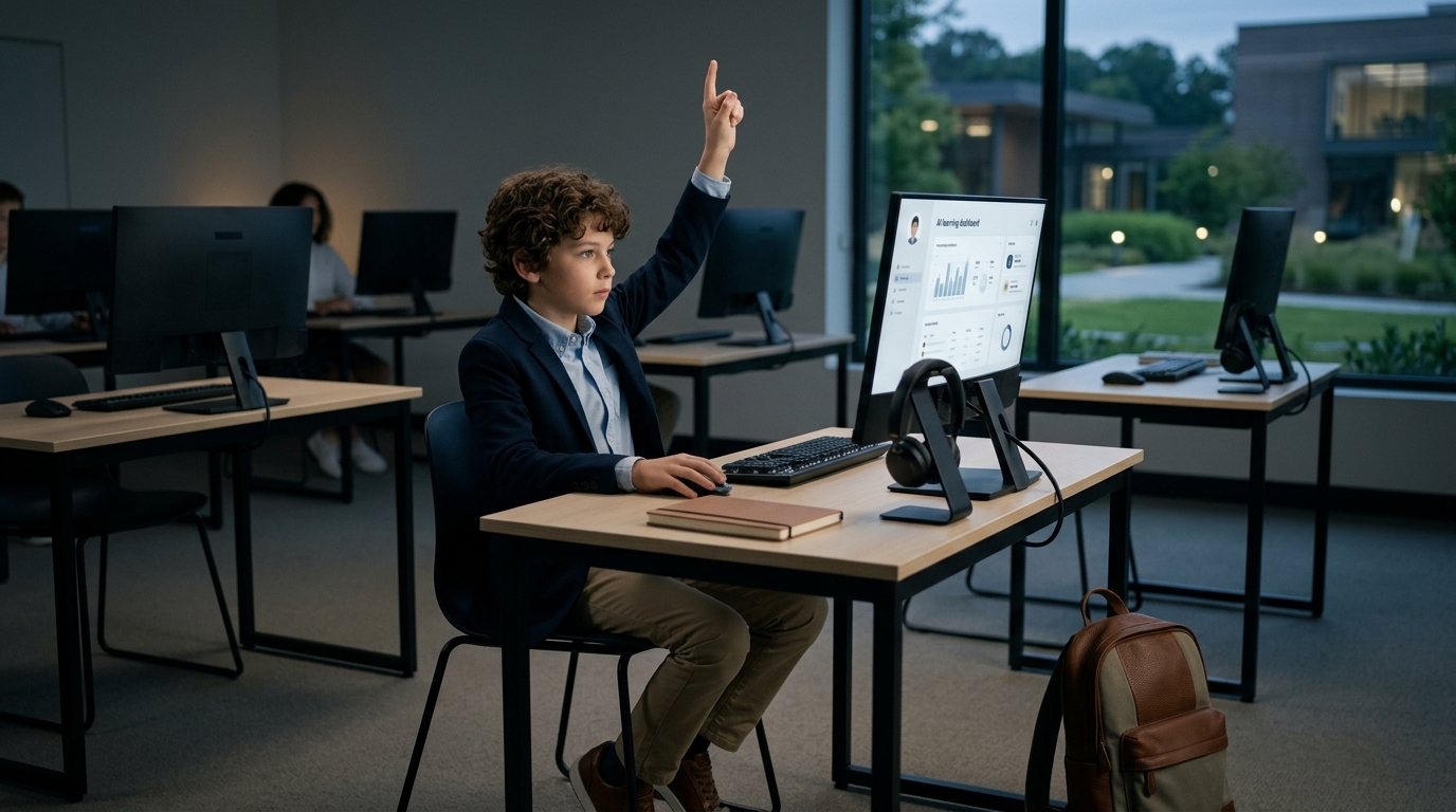 Student in a high-end setting using artificial intelligence for personalized learning.