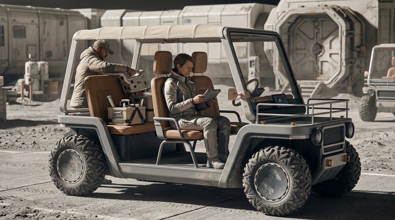Amble One electric buggy featuring NASA-inspired lunar design for luxury mobility.