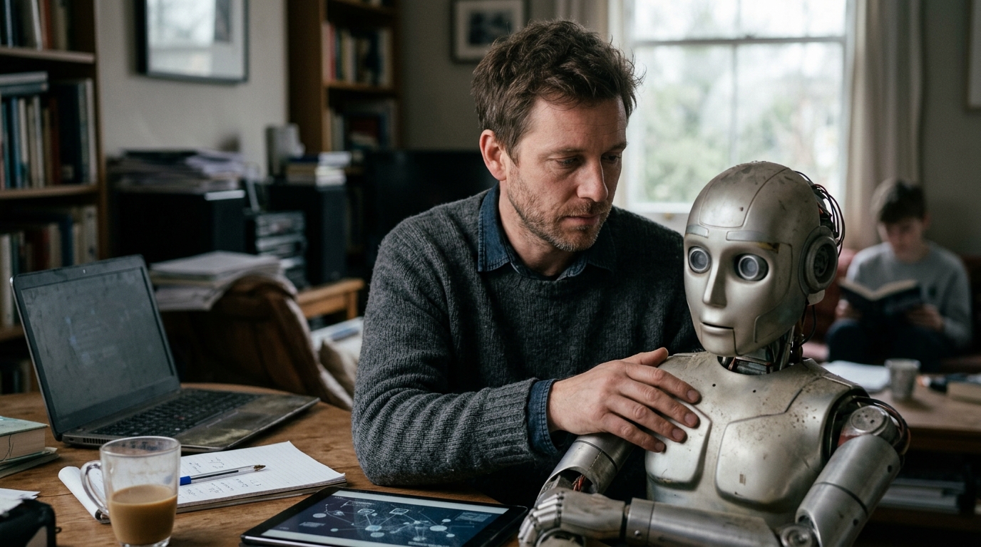 A child with a deactivated AI robot, illustrating AI ethics and the emotional impact of technology.