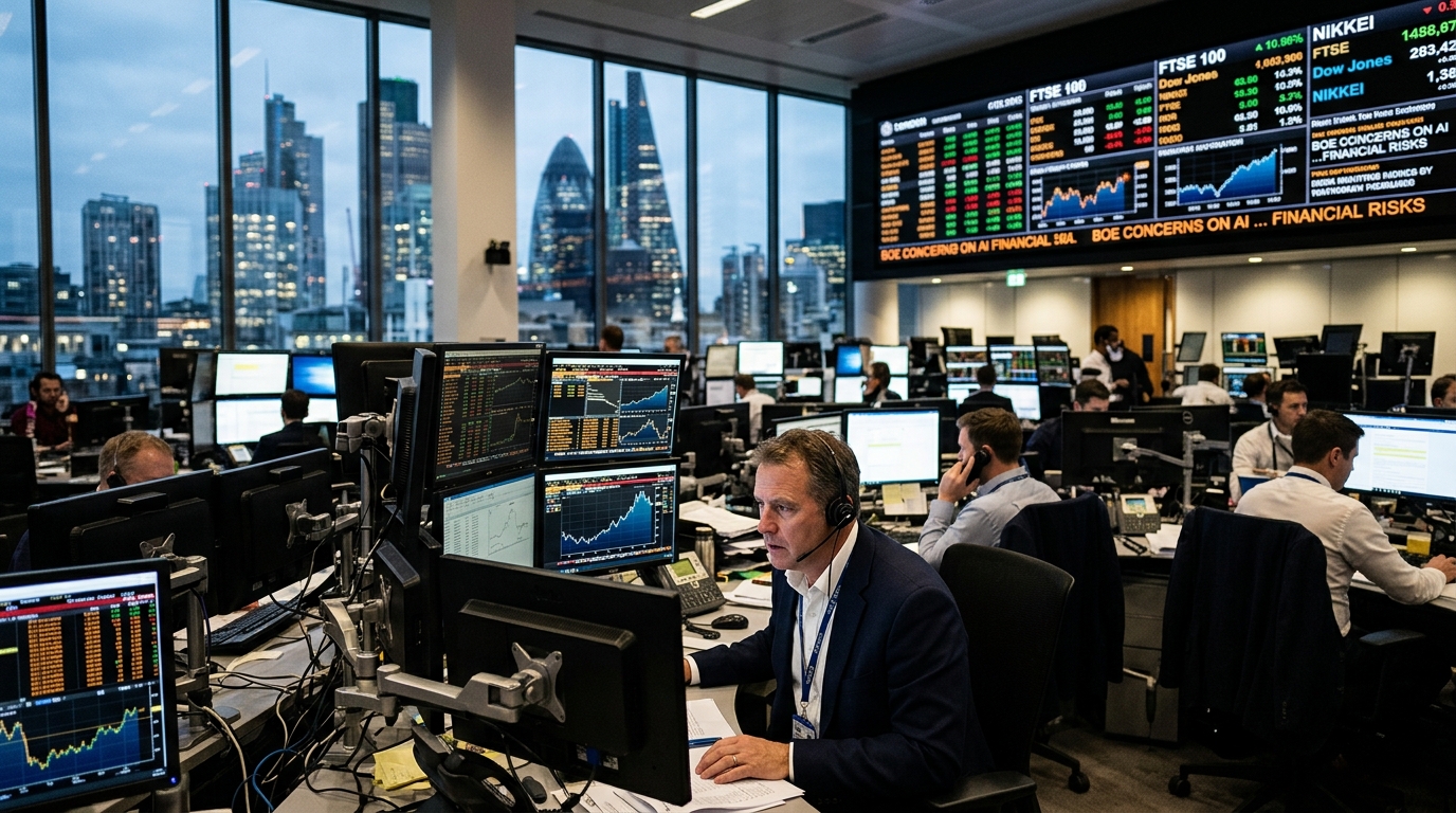Bank of England building with digital AI data overlays representing financial risk.