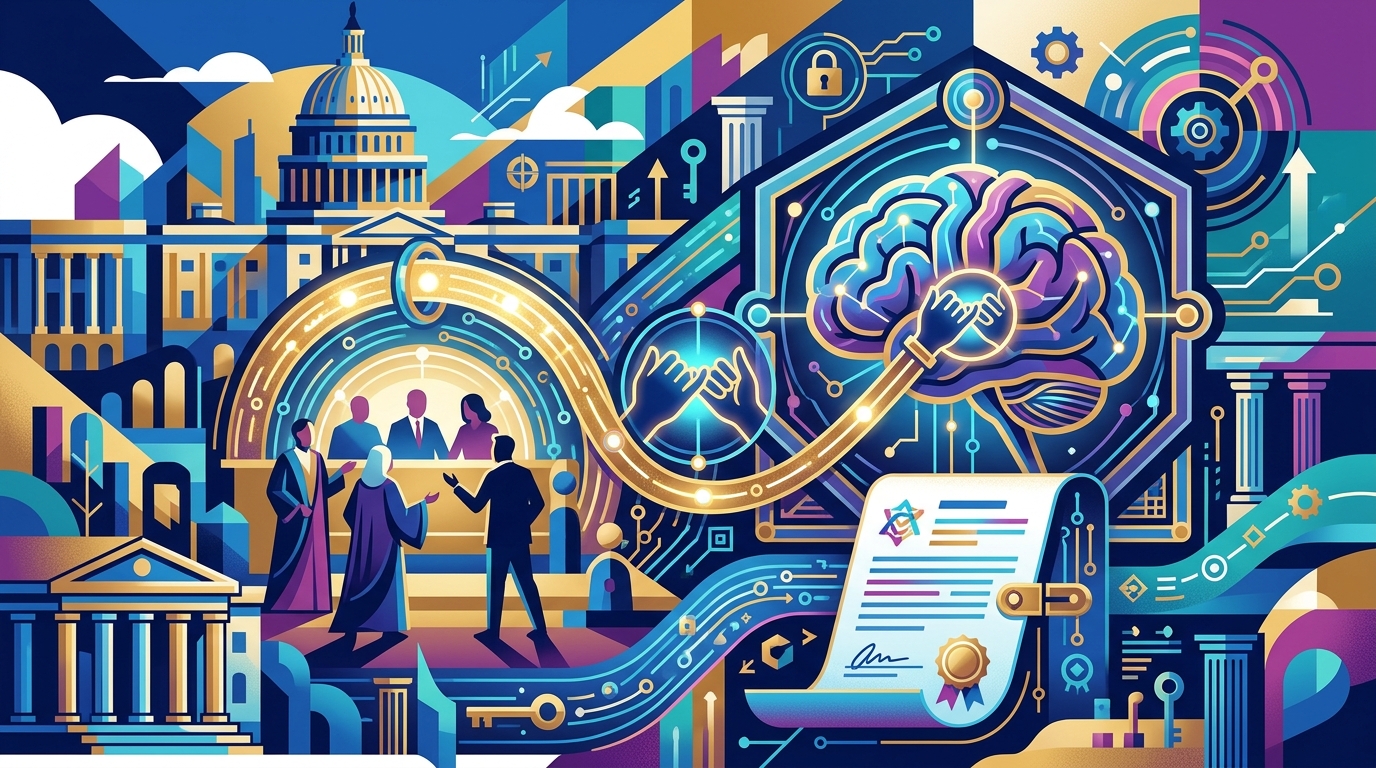 Digital illustration of a brain scanner next to AI policy documents.