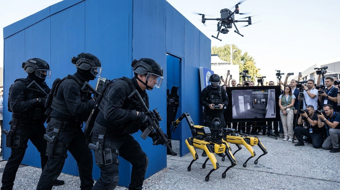 Greek police robot dog during a security demonstration at TIF.