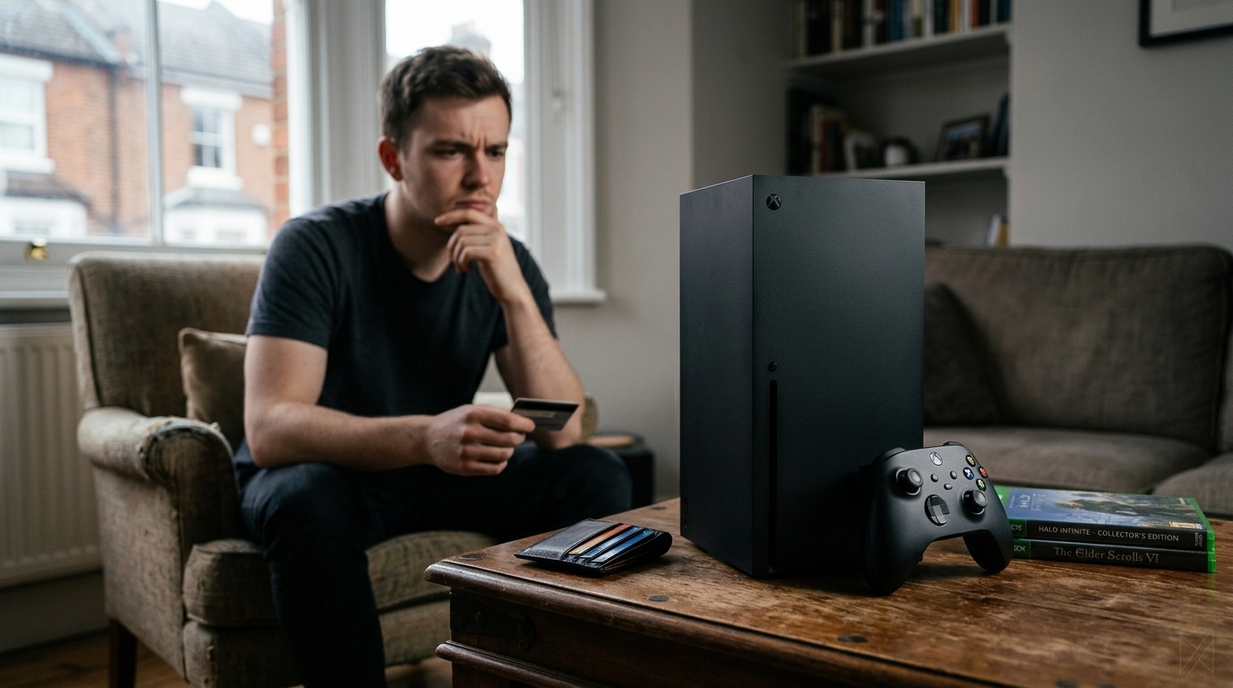 Microsoft Xbox Series X console with graphics indicating the recent price hike.