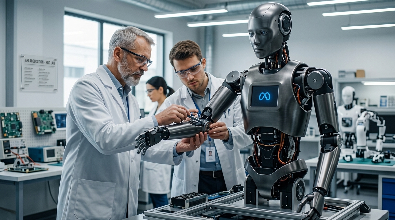 Meta humanoid robots and Assured Robot Intelligence logo in an advanced AI research laboratory.