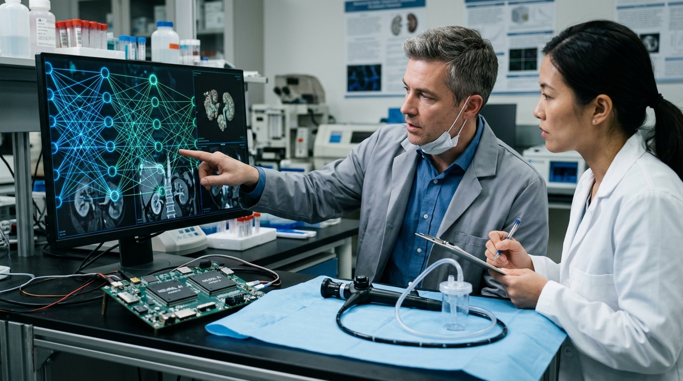 Advanced surgical equipment using AI for kidney stone removal in a modern urology clinic.