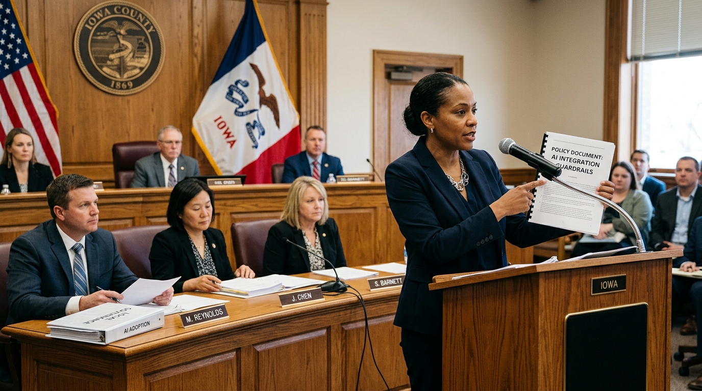 Digital representation of AI integration in Iowa local government administration.