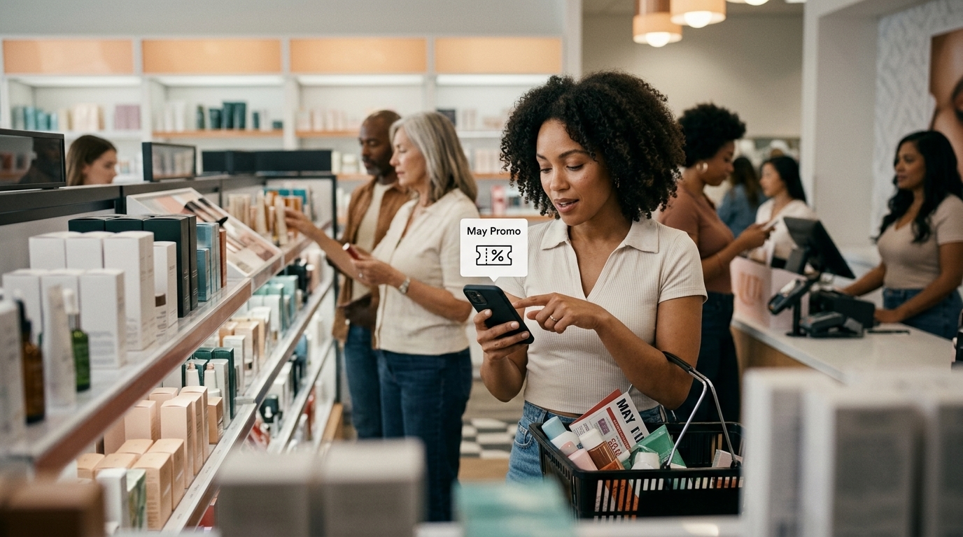 Εσωτερικό καταστήματος Ulta Beauty με διαφημιστικά σταντ για τις εκπτώσεις Μαΐου.