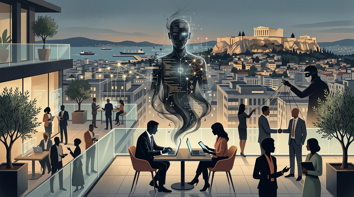 Digital representation of social engineering and AI in the Thanos Dokos case.