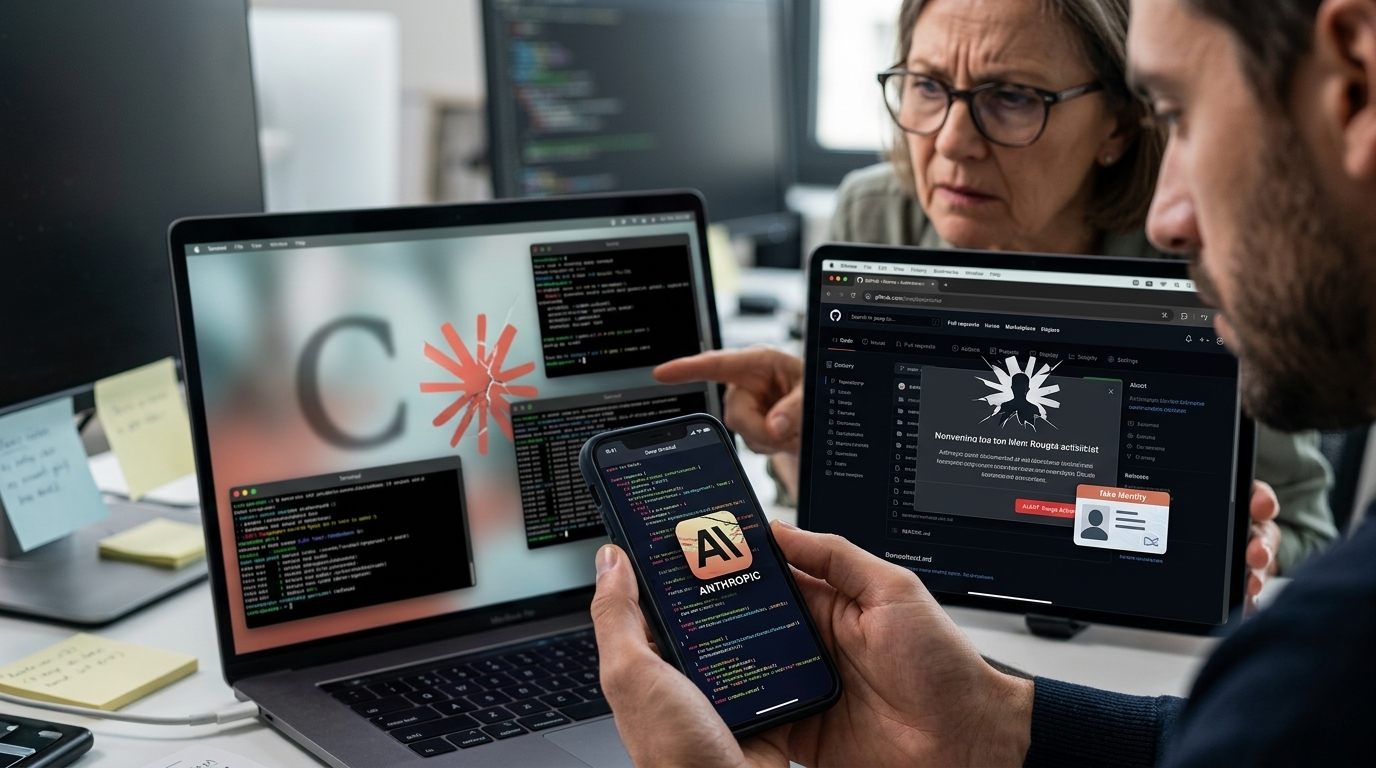 Digital illustration of an AI cyberattack featuring code and the GitHub logo.