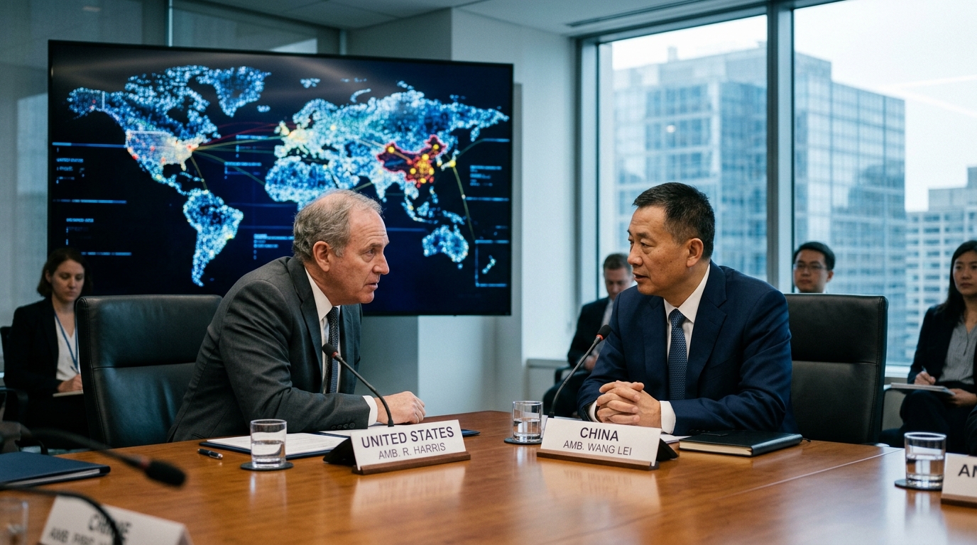 US and China flags with digital AI circuit patterns for stability talks.