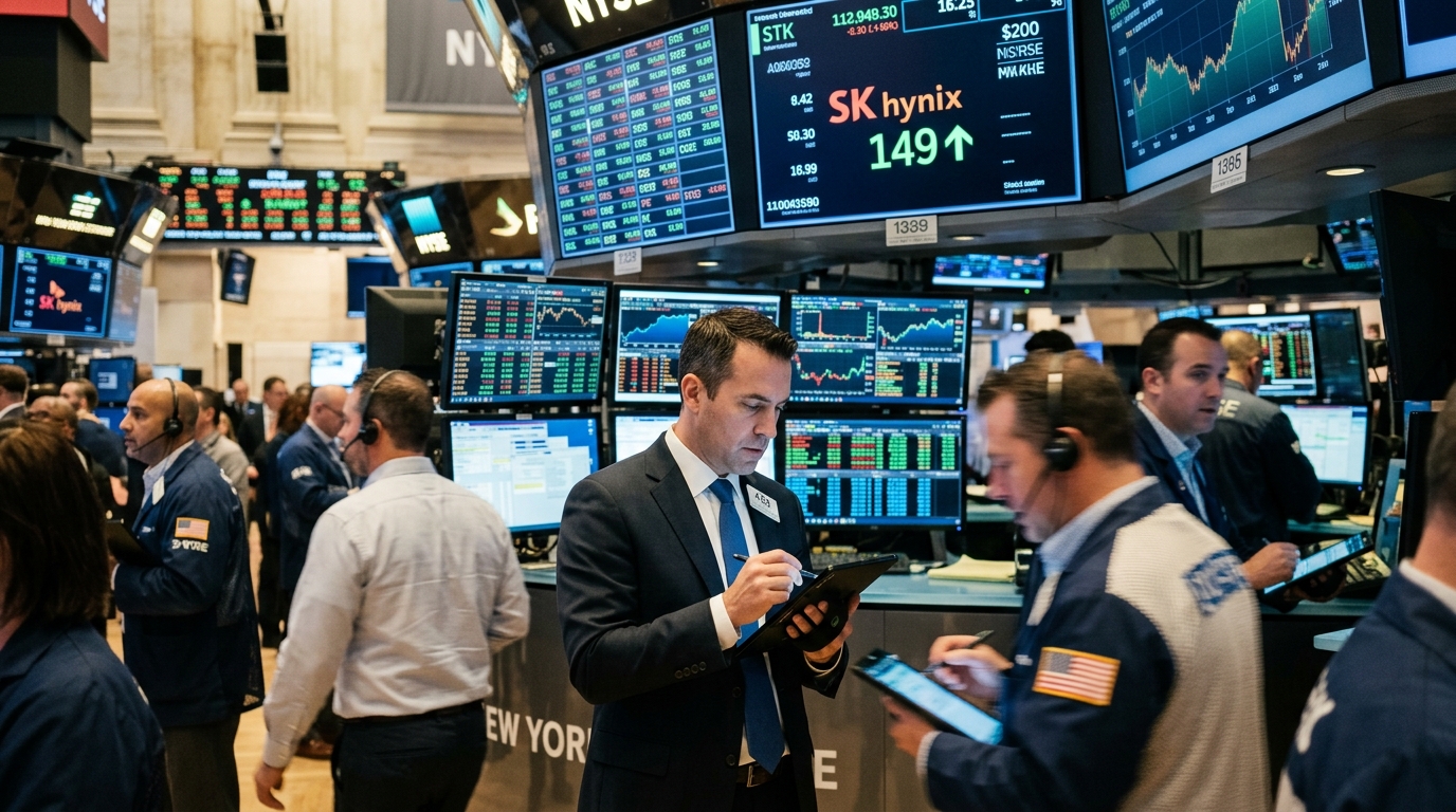 SK Hynix semiconductor chips and Wall Street stock market ticker representing AI growth.
