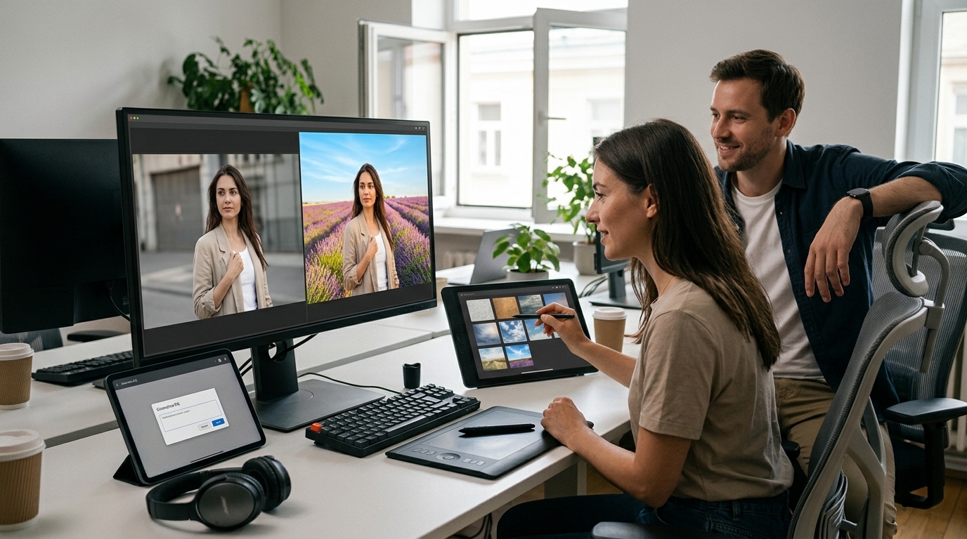Image editing in Adobe Photoshop using new Firefly artificial intelligence tools.