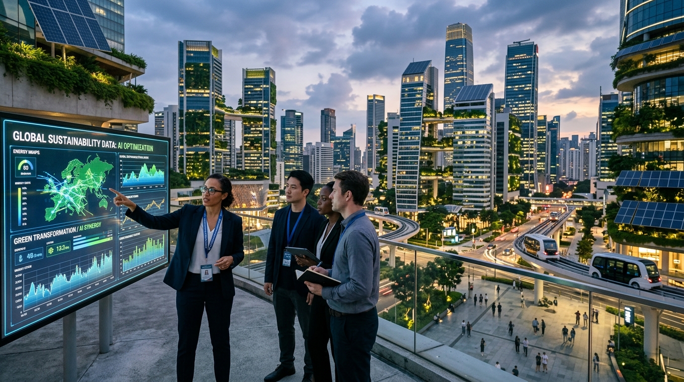 Digital representation of Artificial Intelligence integrated with green energy and sustainable infrastructure.