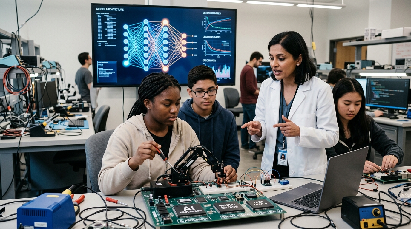 Students in a classroom using tools for AI education and skill development.