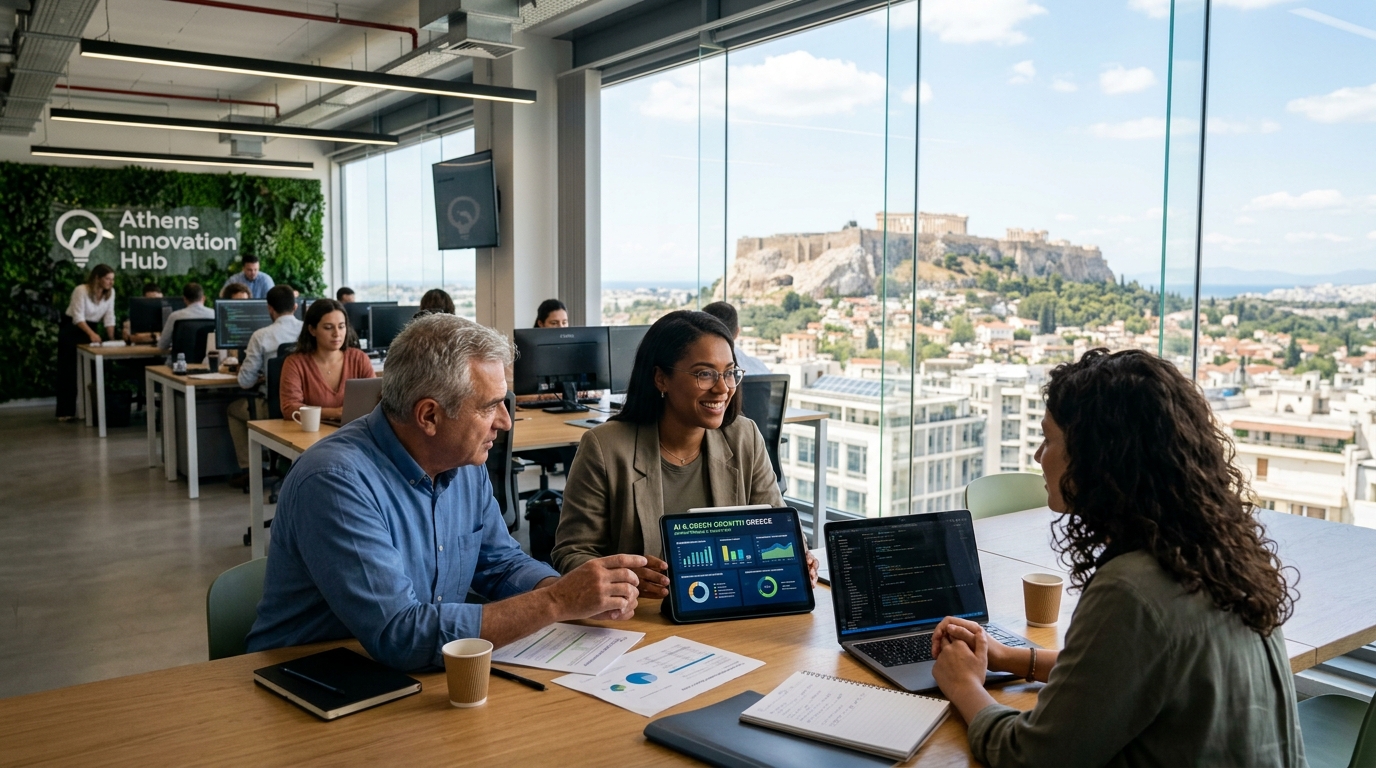 Modern workspace in Greece highlighting technology and the evolving labor market trends.