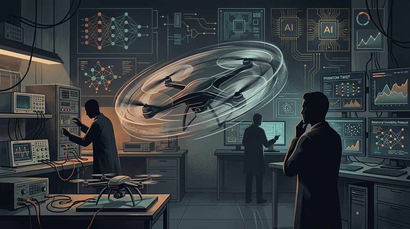 The Phantom Twist drone rotating rapidly to achieve near invisibility in flight.