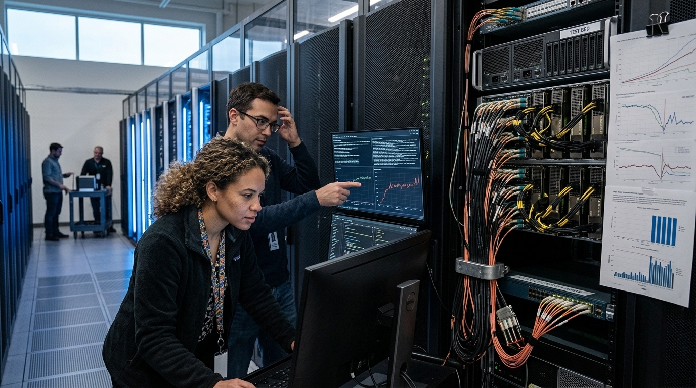 Digital visualization of GPU clusters and AI evaluation metrics in a data center.