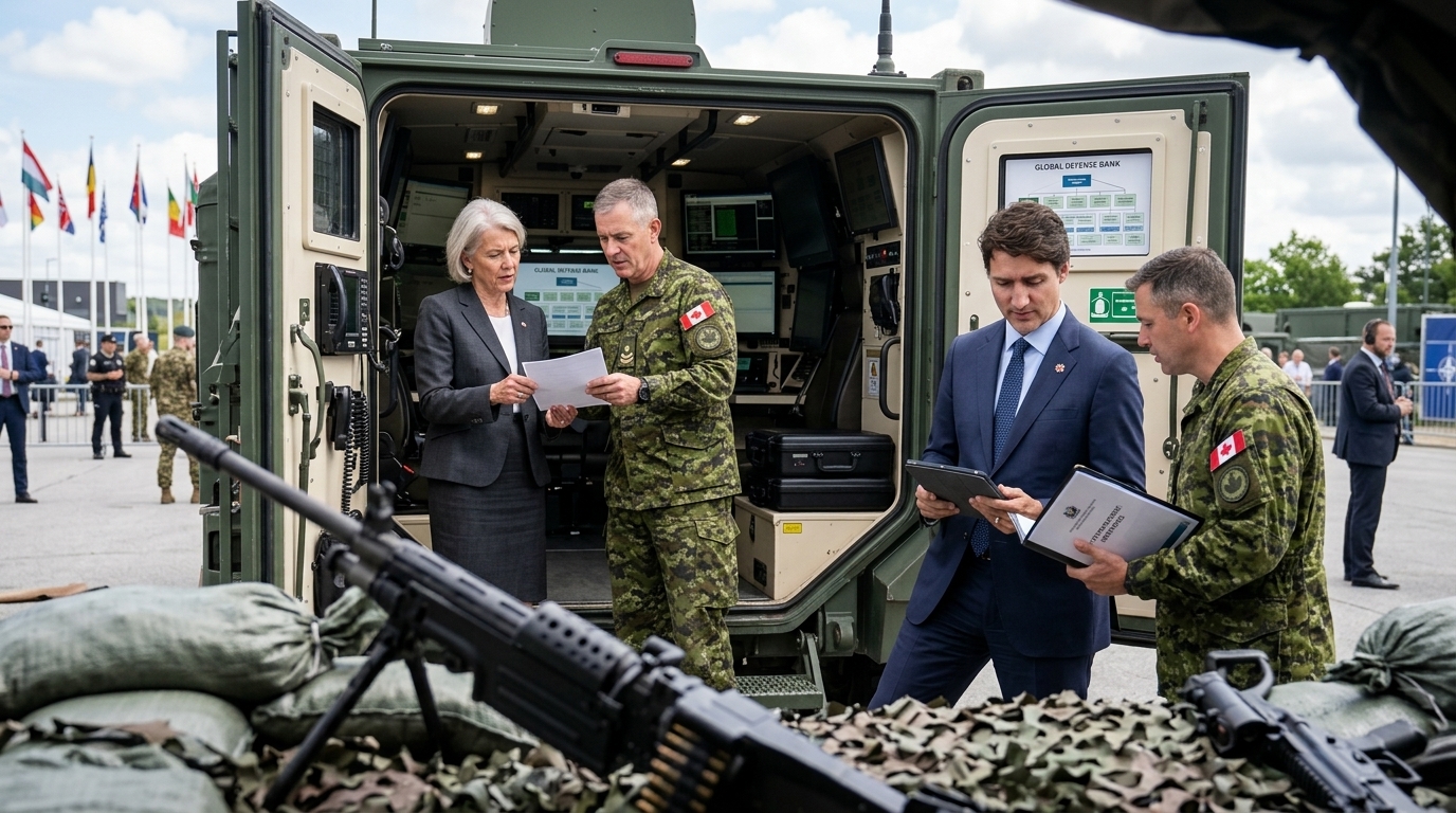 NATO summit delegates discussing the establishment of the Global Defense Bank initiative led by Canada.
