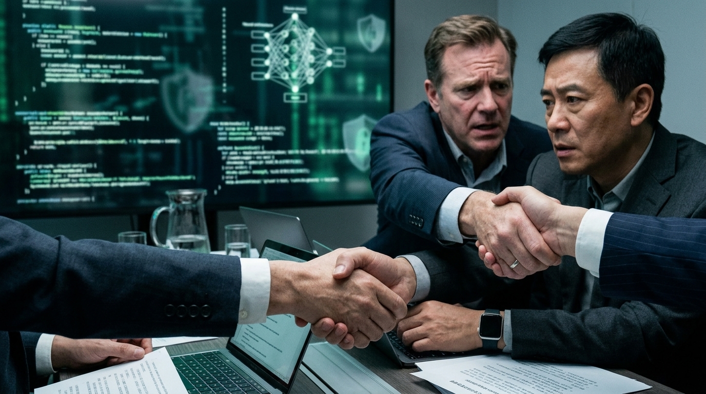 Researchers discussing global AI safety risks and geopolitical cooperation.