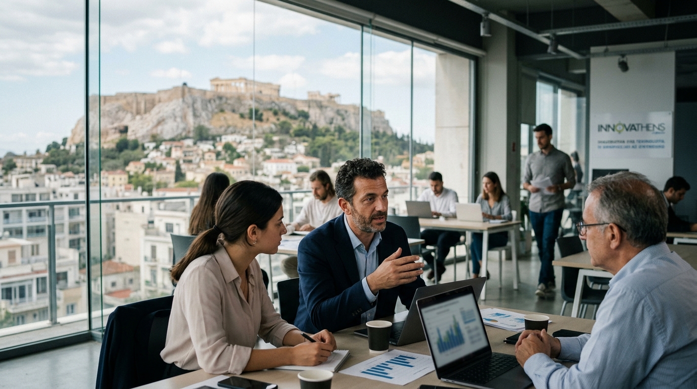 Σύγχρονα γραφεία AI startups και γραφήματα οικονομικής ανάπτυξης.