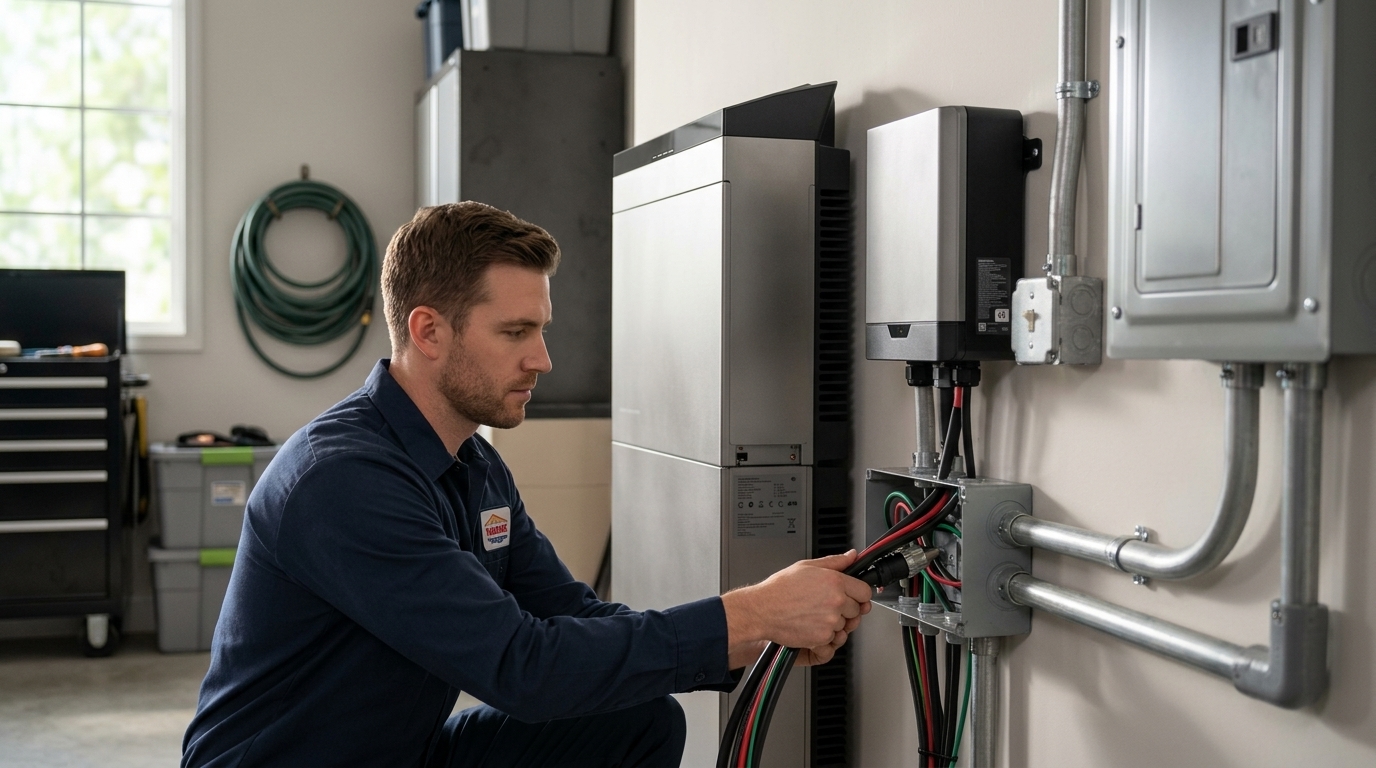 Modern home battery installed on a wall for energy storage.