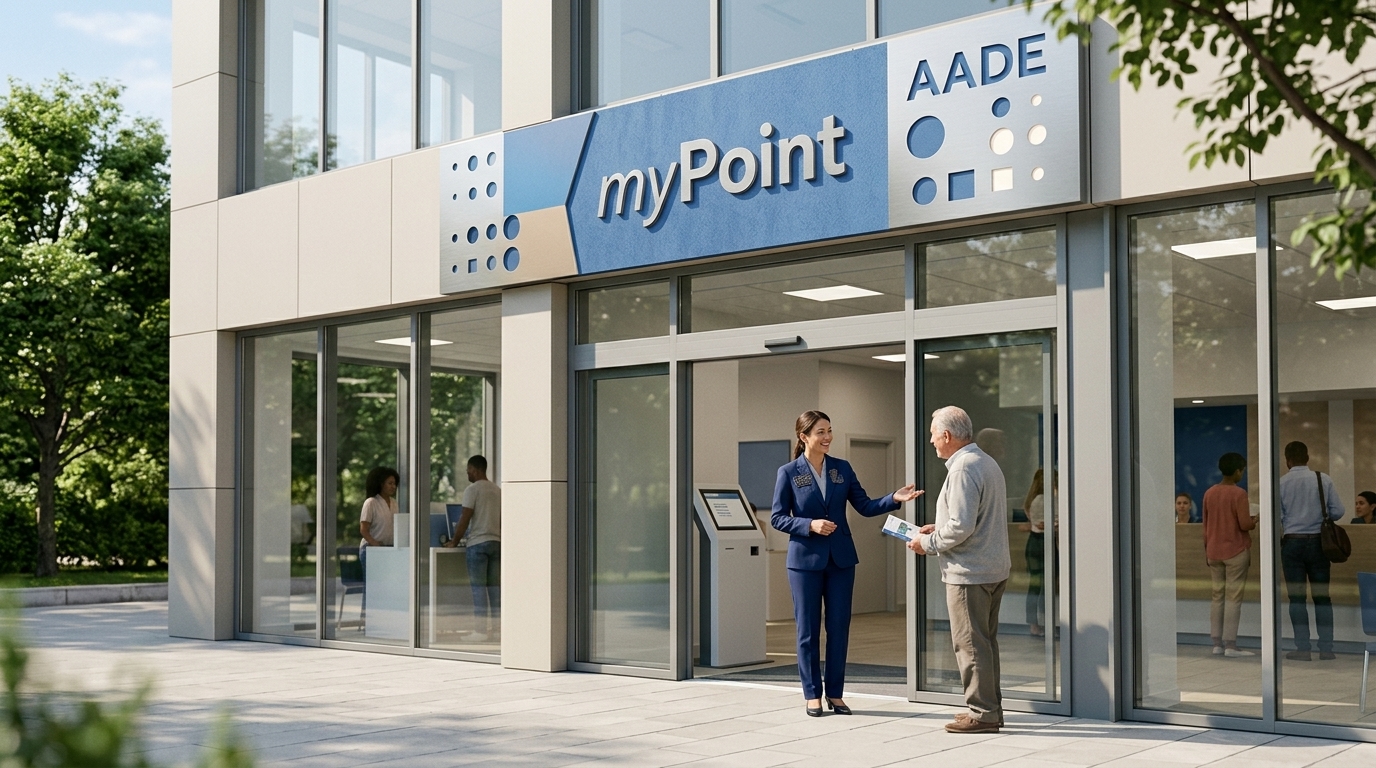 Modern design of the new AADE myPoint hubs by CHOOSE for the tax office rebranding project.