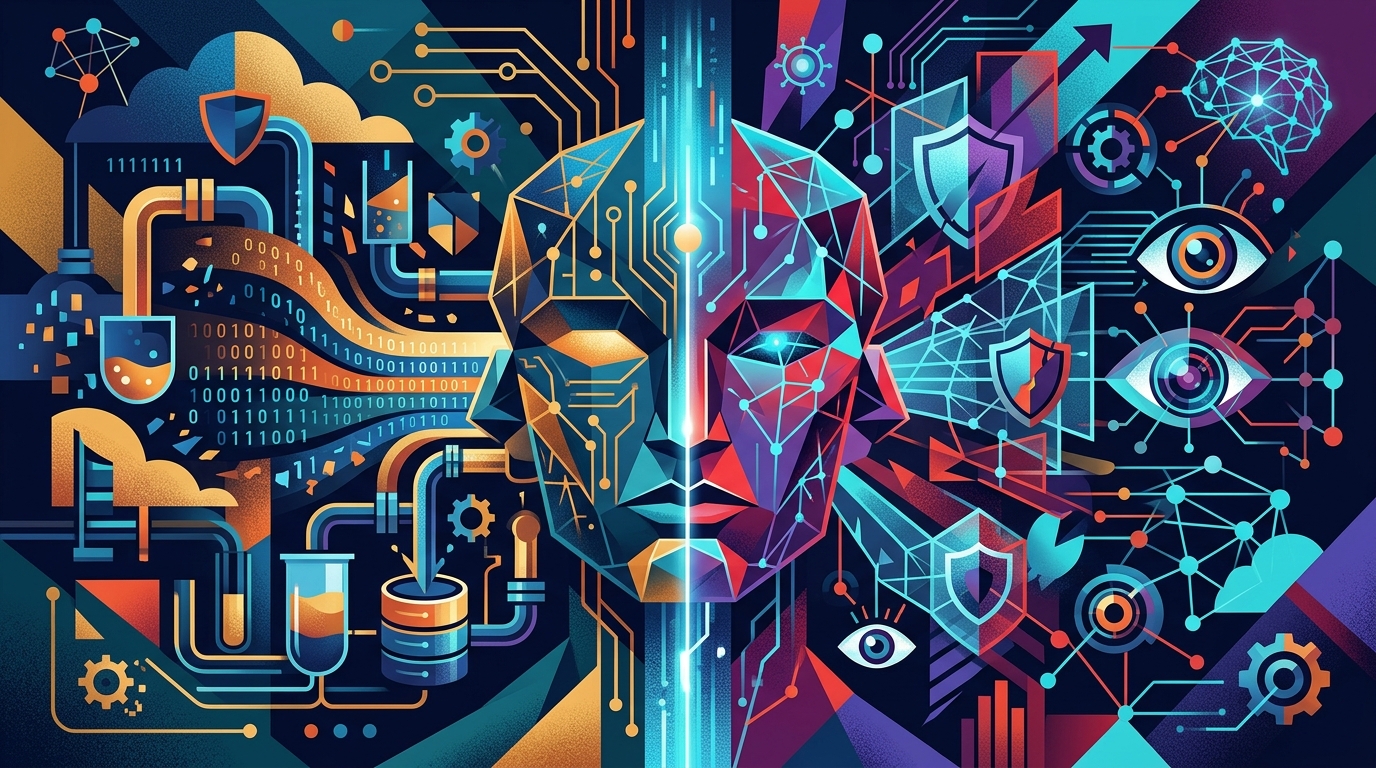 Abstract visualization of data privacy and global geopolitical influence in AI.