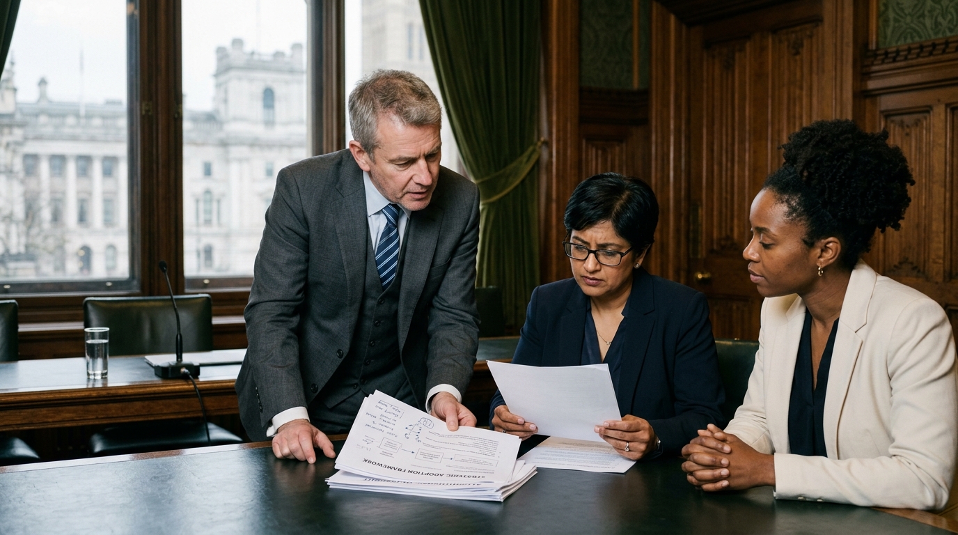 Senior civil servant using artificial intelligence tools in a modern office.