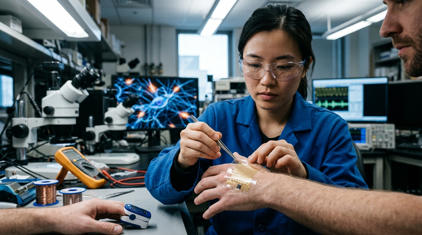 Stretchable electronic skin patch with AI circuits for real-time health monitoring.