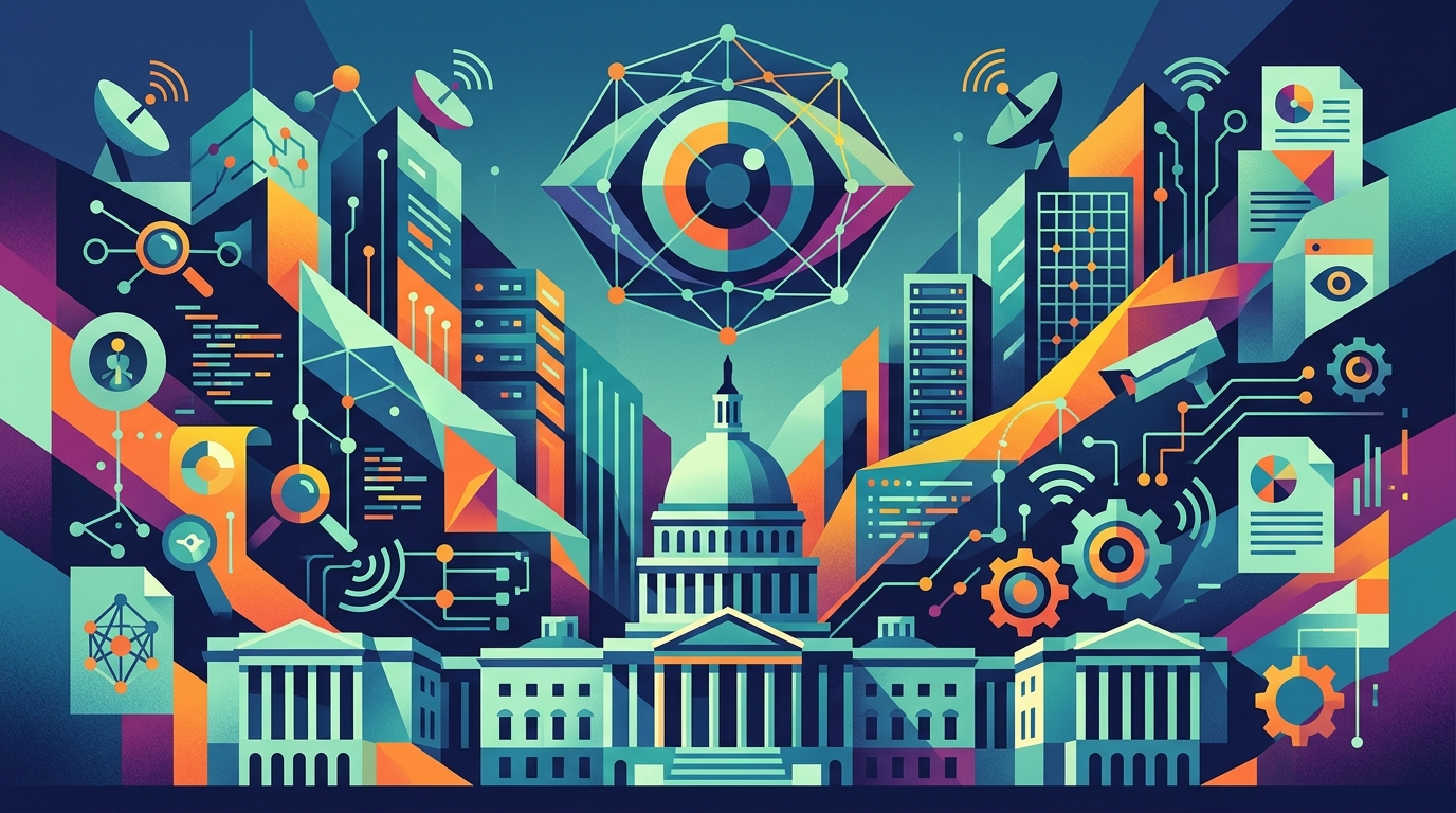 Digital data visualization and the AADE logo representing AI surveillance.