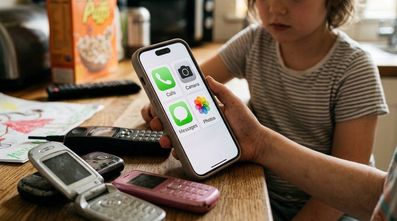 A child holding an iPhone configured as a simplified dumb phone using Apple's Assistive Access feature.