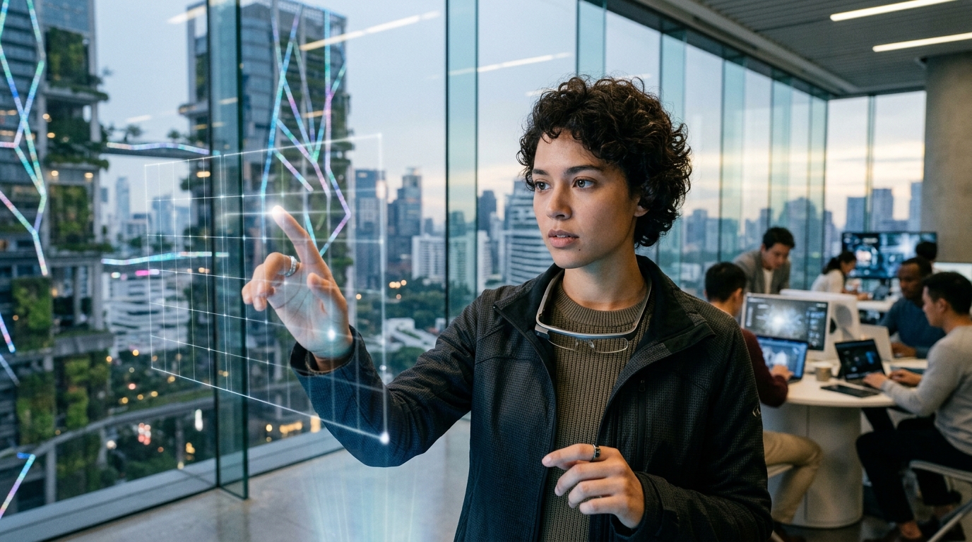 Professional exploring AI technology, representing curiosity as a key AI skill.