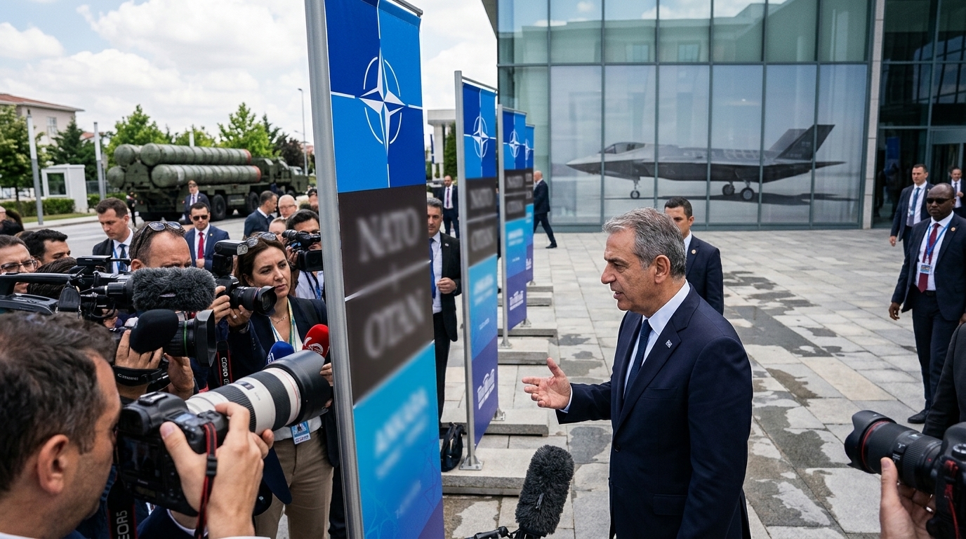 F-35 fighter jet and NATO Summit logo representing Greek geopolitical strategy.