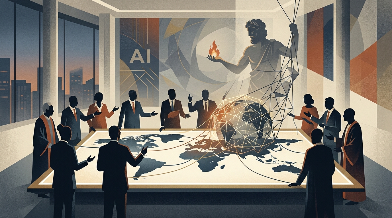 Abstract visualization of AI geopolitics and human wisdom representing the Promethean Trap.
