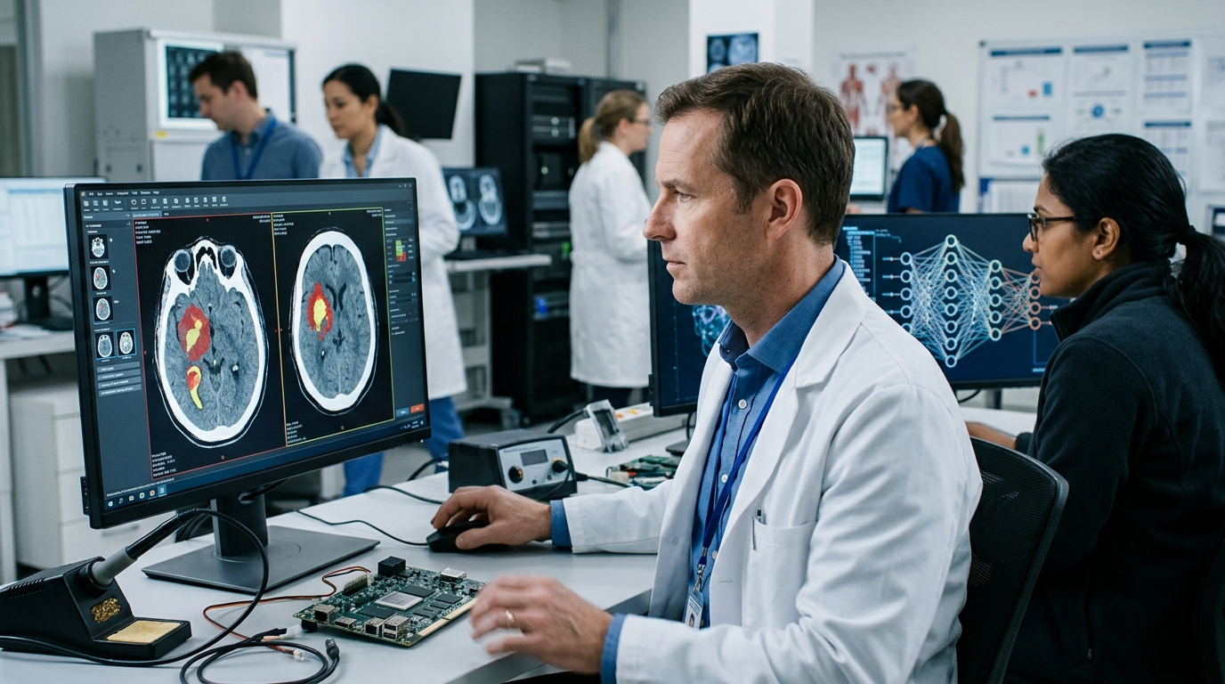 Digital brain scan with AI analysis identifying intracranial hemorrhage in a clinical setting.