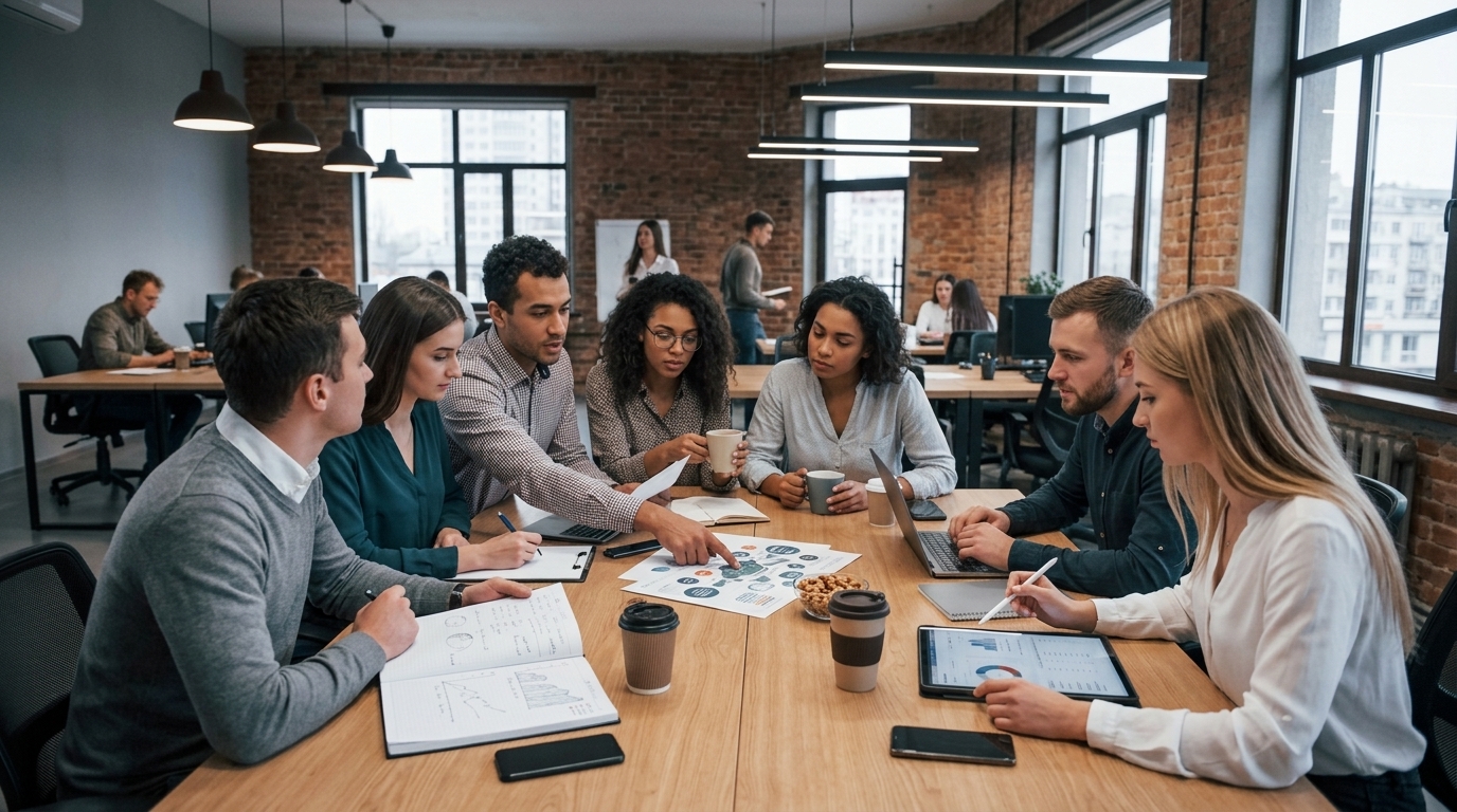 Professionals in a modern workspace, illustrating the decline of office romance and new professional boundaries.
