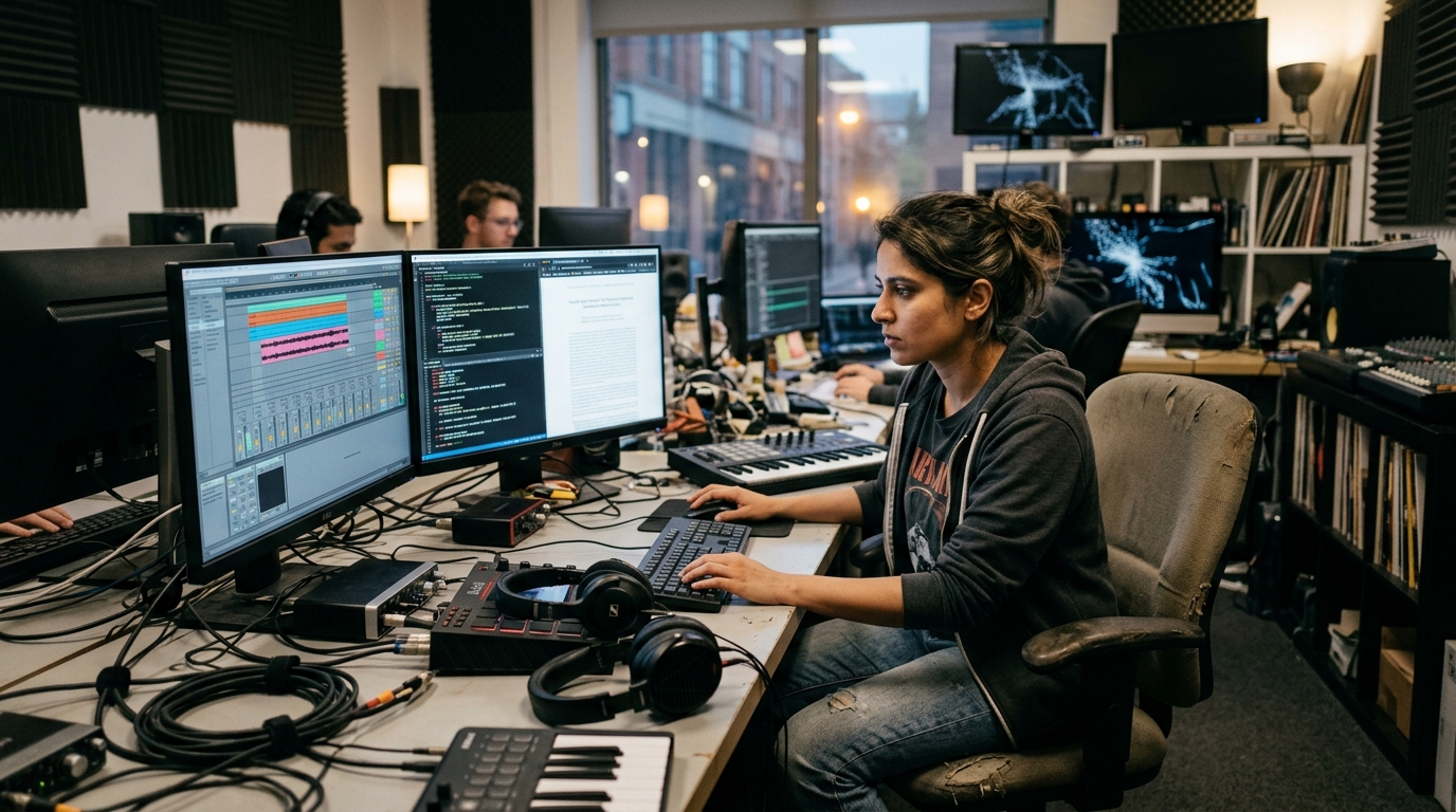 Digital representation of an AI artist creating music in a modern studio setting in 2026.